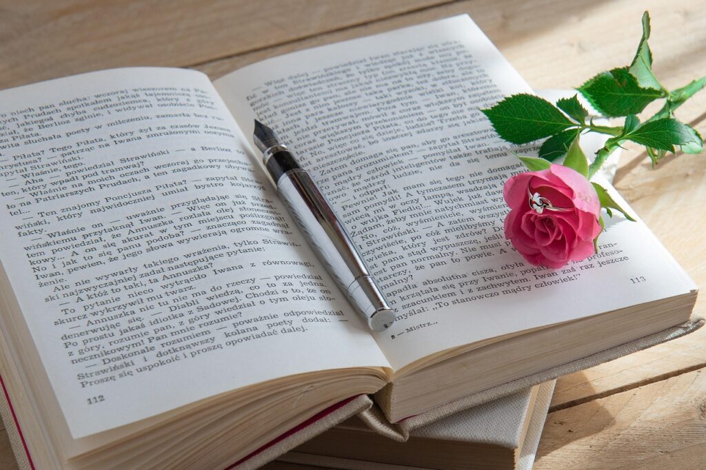 book, rose, pen, ring, love, romantic, love story, old book, romantic scene, printing, wooden background, book, love story, love story, rose flower, love story, love story, love story