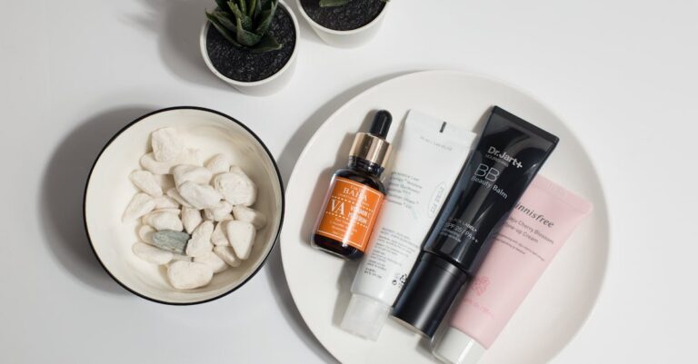 A flat lay of skincare products on a plate with decorative elements.
