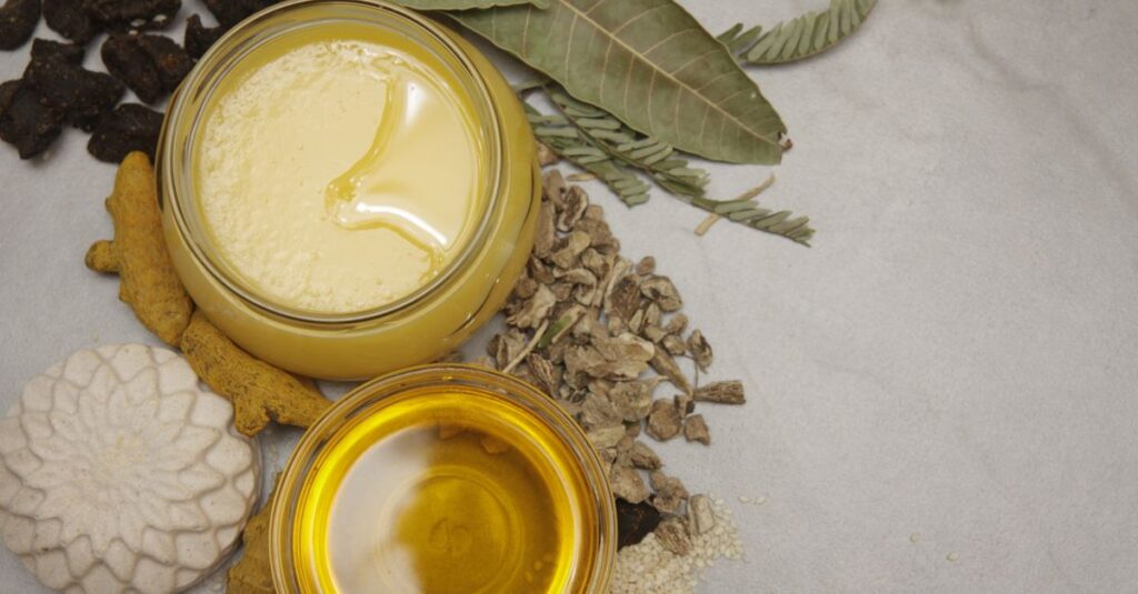 Flat lay of natural ingredients, herbs, and honey jars showcasing a healthy lifestyle and wellness theme.
