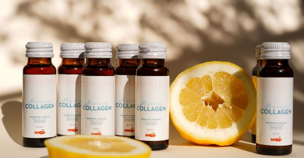 Ingredients Collagen supplement bottles with lemon slice in bright light. Perfect for health and wellness themes.