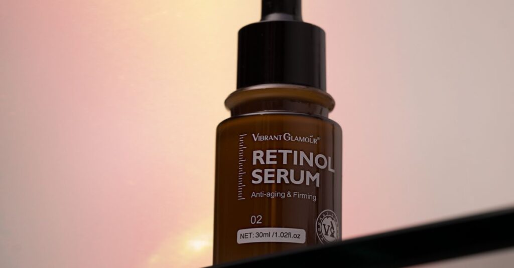 Ingredients A retinol serum bottle on a glass shelf with a warm gradient backdrop.